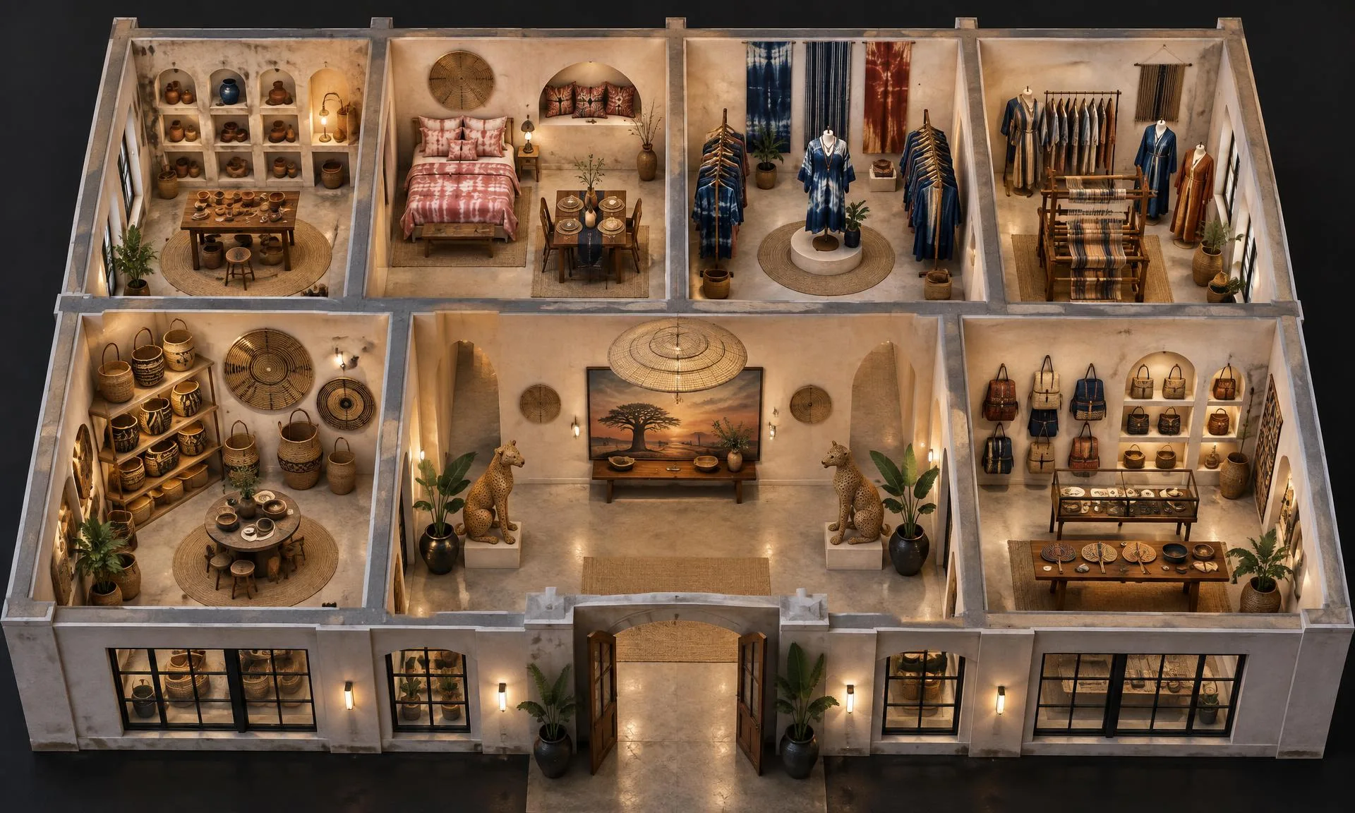 Bird's-eye architectural cutaway of the seven rooms of the Etni'KS showroom